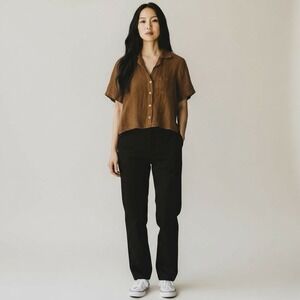 Mate The Label  Size XS Camp Shirt Sedona Brown Short Sleeve 100% Linen Blouse